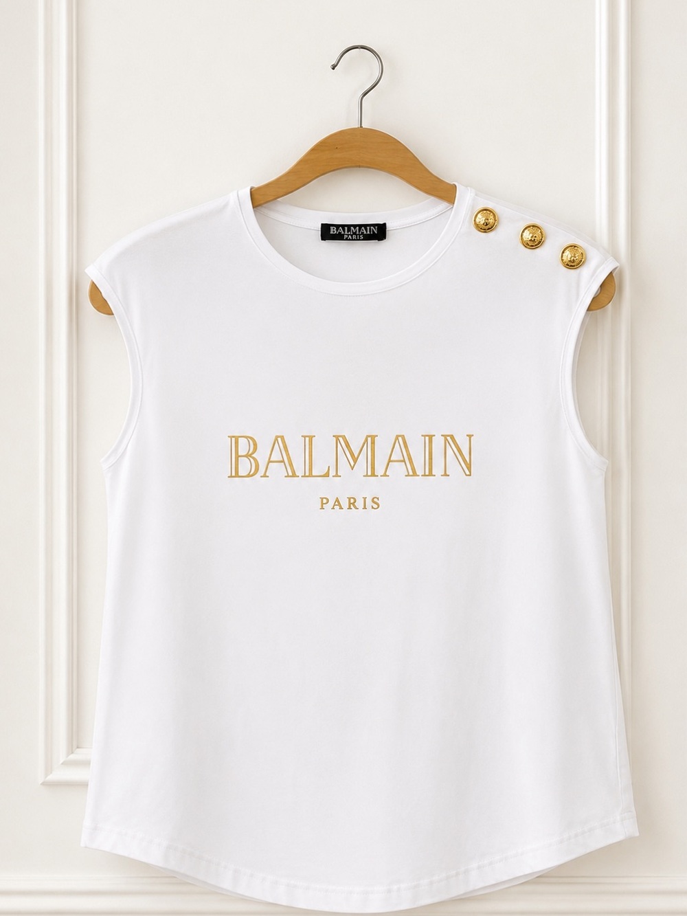 Balmain White Tank Top with Gold Logo and Buttons - Picture 3 of 5
